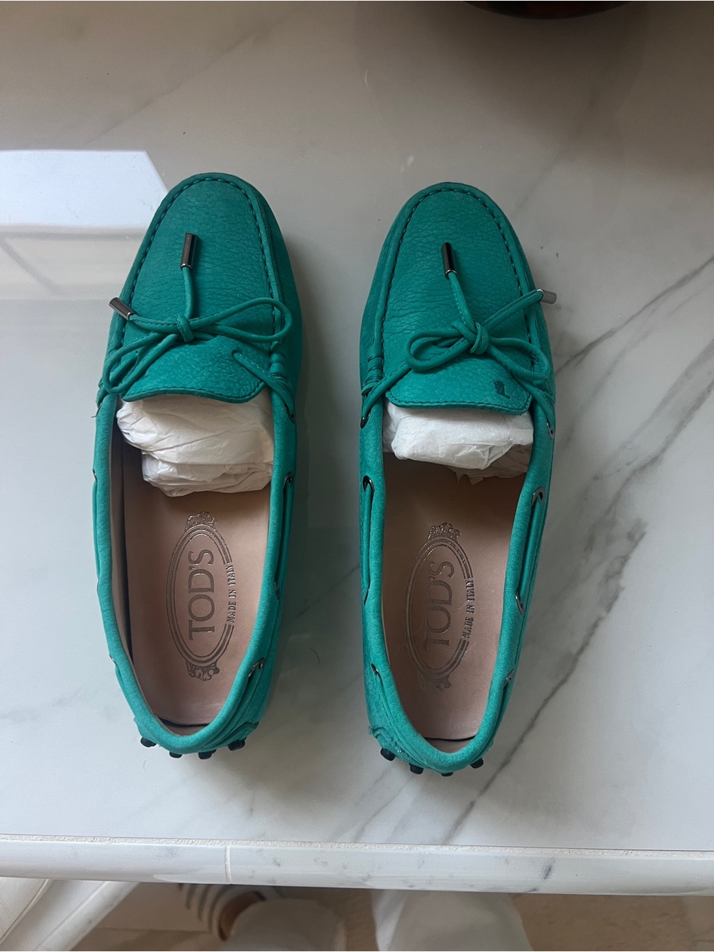 Tod's Teal Green Leather Driving Loafers